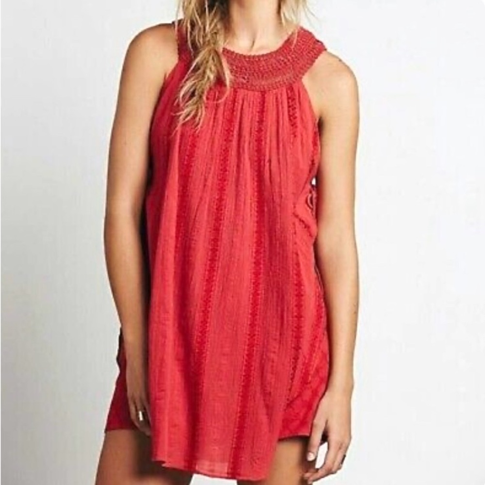 Free People Boho Red Wondering Star Mini Dress Woven Halter, Size S Festival